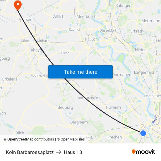 Köln Barbarossaplatz to Haus 13 map