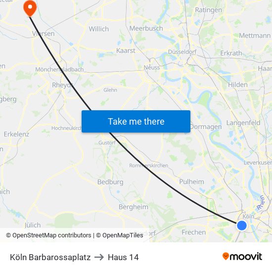 Köln Barbarossaplatz to Haus 14 map