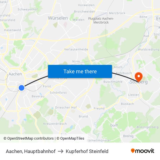 Aachen, Hauptbahnhof to Kupferhof Steinfeld map