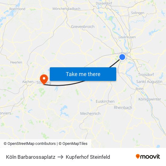 Köln Barbarossaplatz to Kupferhof Steinfeld map