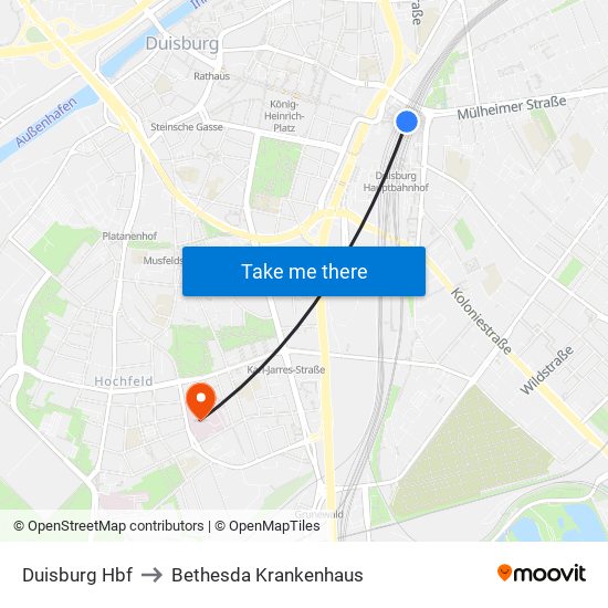 Duisburg Hbf to Bethesda Krankenhaus map