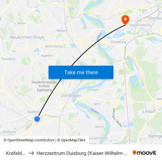 Krefeld Hbf to Herzzentrum Duisburg (Kaiser-Wilhelm-Krankenhaus) map