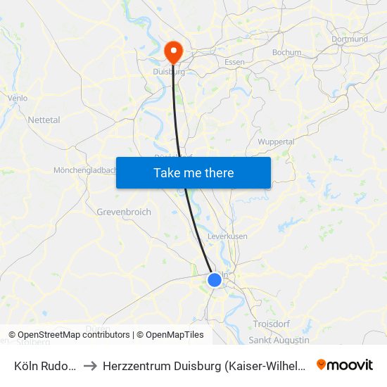 Köln Rudolfplatz to Herzzentrum Duisburg (Kaiser-Wilhelm-Krankenhaus) map