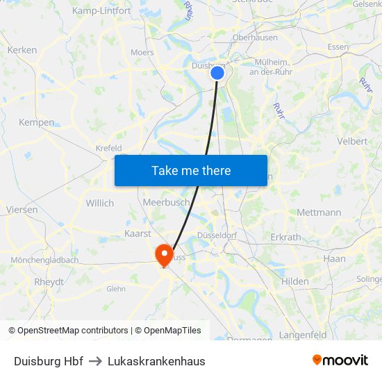 Duisburg Hbf to Lukaskrankenhaus map