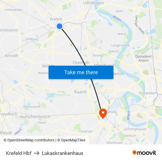 Krefeld Hbf to Lukaskrankenhaus map