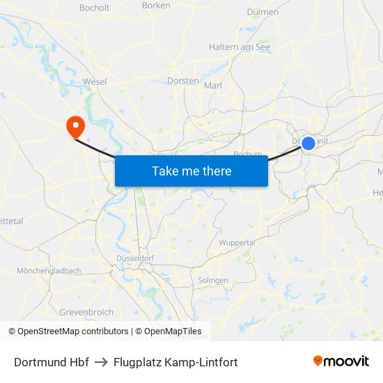 Dortmund Hbf to Flugplatz Kamp-Lintfort map