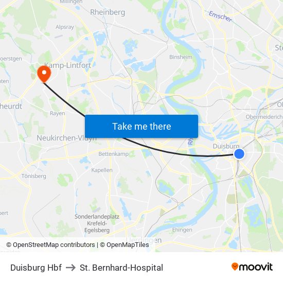 Duisburg Hbf to St. Bernhard-Hospital map