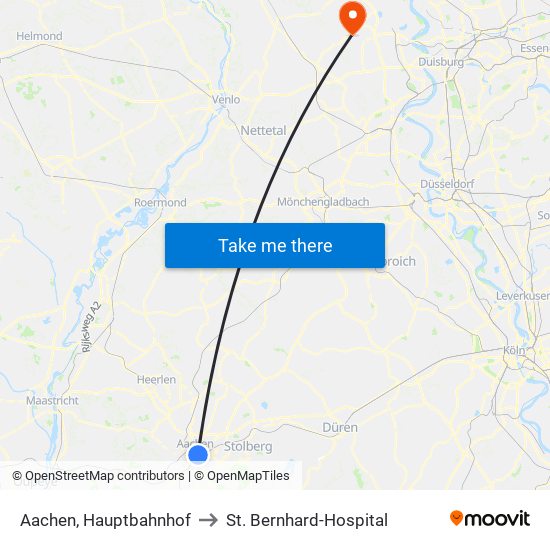 Aachen, Hauptbahnhof to St. Bernhard-Hospital map