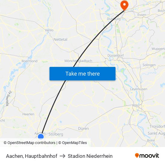 Aachen, Hauptbahnhof to Stadion Niederrhein map