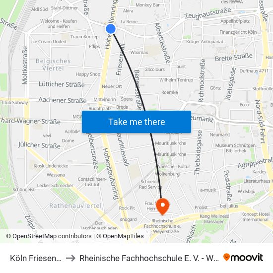 Köln Friesenplatz to Rheinische Fachhochschule E. V. - Weyerstraße map