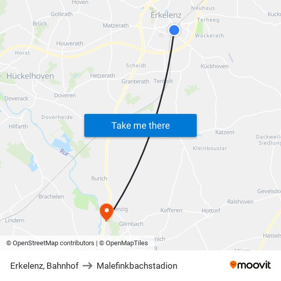 Erkelenz, Bahnhof to Malefinkbachstadion map