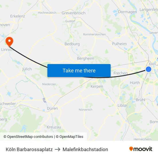 Köln Barbarossaplatz to Malefinkbachstadion map