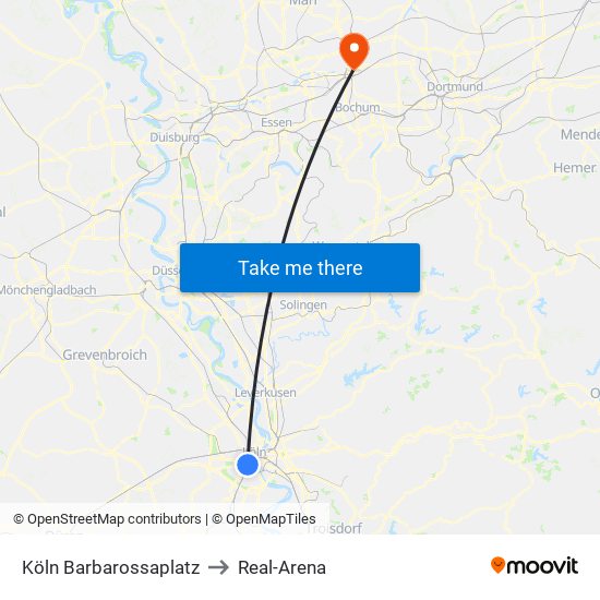 Köln Barbarossaplatz to Real-Arena map