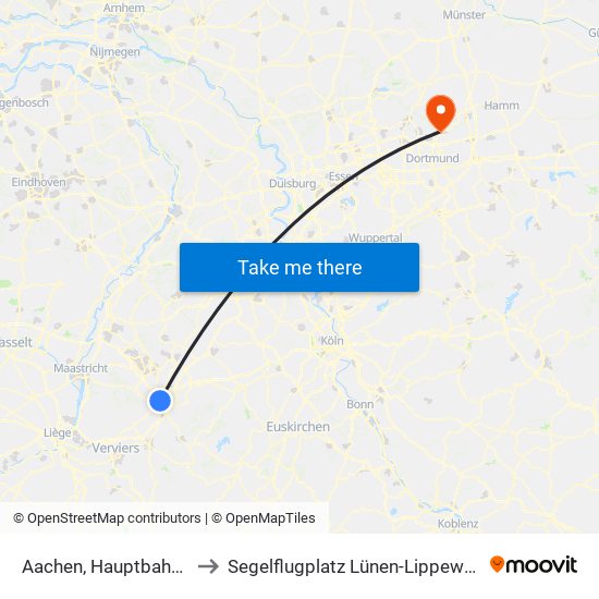 Aachen, Hauptbahnhof to Segelflugplatz Lünen-Lippeweiden map