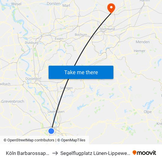 Köln Barbarossaplatz to Segelflugplatz Lünen-Lippeweiden map