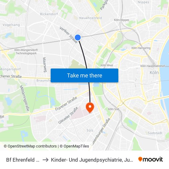 Bf Ehrenfeld - Köln to Kinder- Und Jugendpsychiatrie, ­Jugendstation map