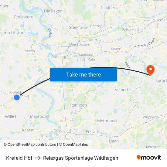 Krefeld Hbf to Relaxgas Sportanlage Wildhagen map