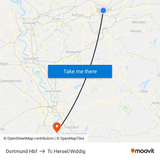 Dortmund Hbf to Tc Hersel/Widdig map