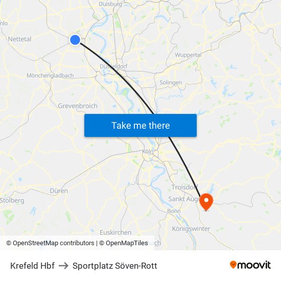 Krefeld Hbf to Sportplatz Söven-Rott map