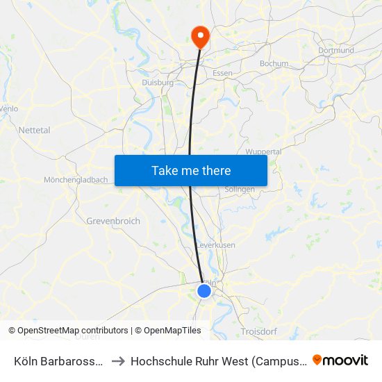 Köln Barbarossaplatz to Hochschule Ruhr West (Campus Bottrop) map