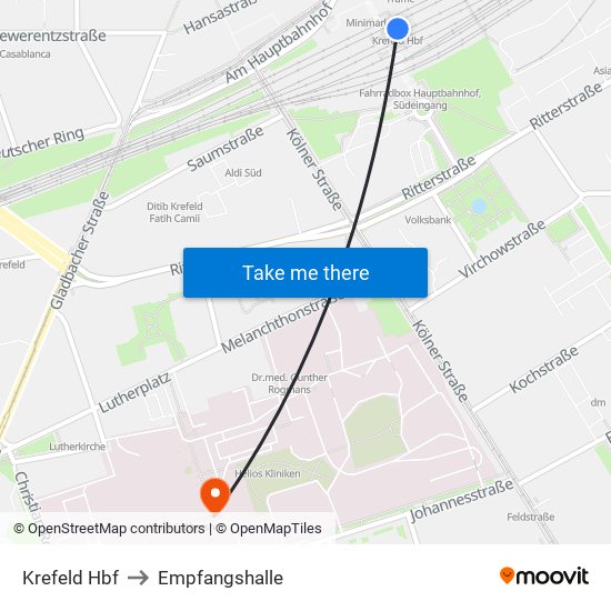 Krefeld Hbf to Empfangshalle map