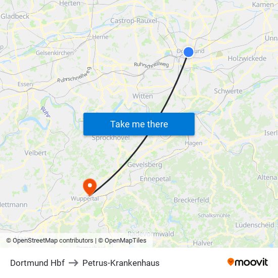 Dortmund Hbf to Petrus-Krankenhaus map
