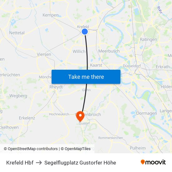 Krefeld Hbf to Segelflugplatz Gustorfer Höhe map