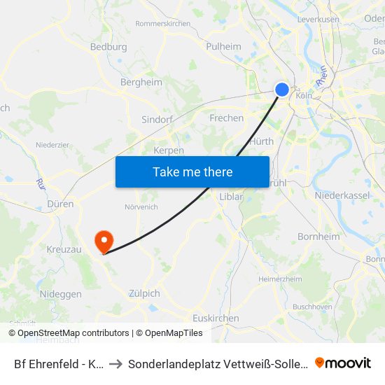 Bf Ehrenfeld - Köln to Sonderlandeplatz Vettweiß-Soller (Ul) map