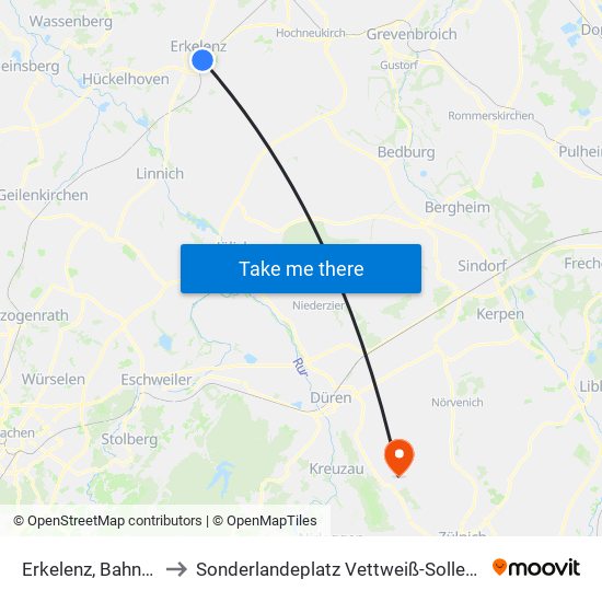Erkelenz, Bahnhof to Sonderlandeplatz Vettweiß-Soller (Ul) map
