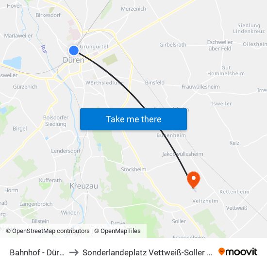 Bahnhof - Düren to Sonderlandeplatz Vettweiß-Soller (Ul) map