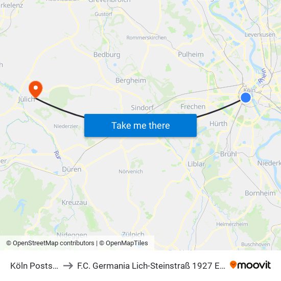 Köln Poststr. to F.C. Germania Lich-Steinstraß 1927 E.V. map