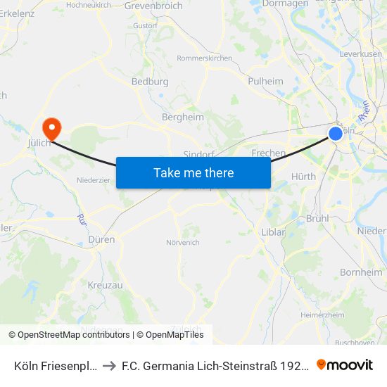 Köln Friesenplatz to F.C. Germania Lich-Steinstraß 1927 E.V. map