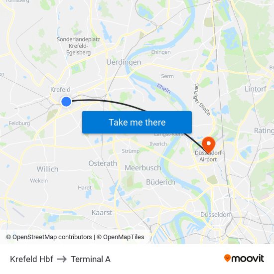 Krefeld Hbf to Terminal A map