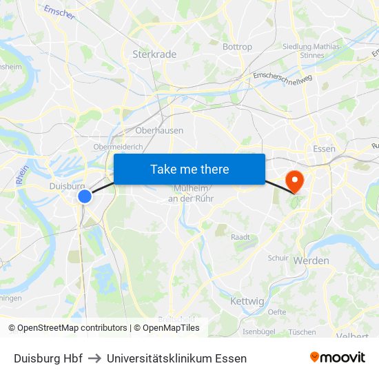 Duisburg Hbf to Universitätsklinikum Essen map