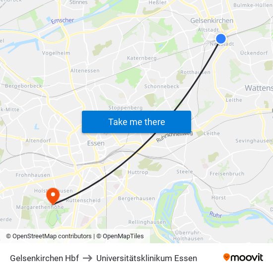 Gelsenkirchen Hbf to Universitätsklinikum Essen map