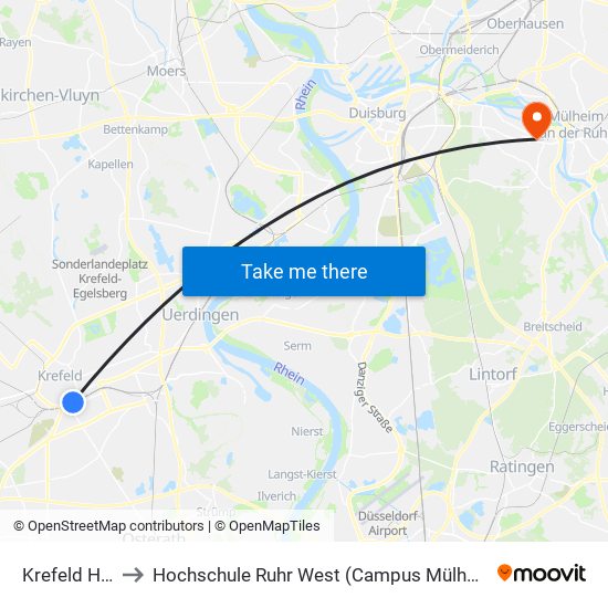 Krefeld Hbf to Hochschule Ruhr West (Campus Mülheim) map