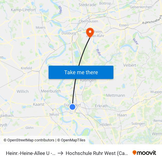 Heinr.-Heine-Allee U - Düsseldorf to Hochschule Ruhr West (Campus Mülheim) map