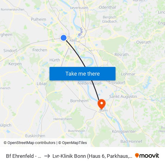 Bf Ehrenfeld - Köln to Lvr-Klinik Bonn (Haus 6, Parkhaus, Küche) map