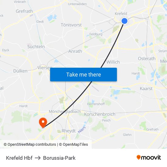 Krefeld Hbf to Borussia-Park map