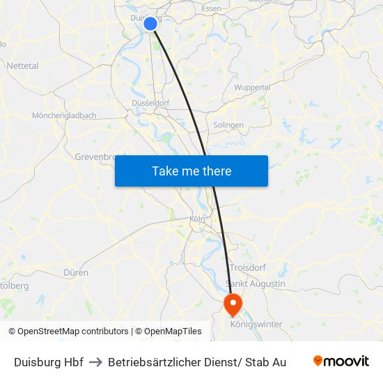 Duisburg Hbf to Betriebsärtzlicher Dienst/ Stab Au map