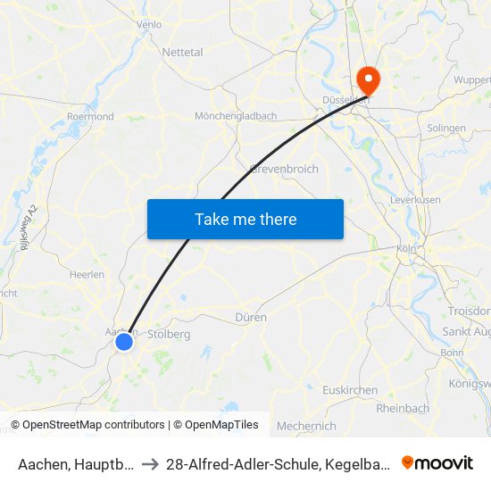 Aachen, Hauptbahnhof to 28-Alfred-Adler-Schule, Kegelbahn, Turnhalle map