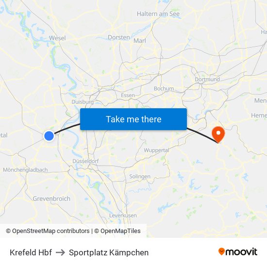 Krefeld Hbf to Sportplatz Kämpchen map