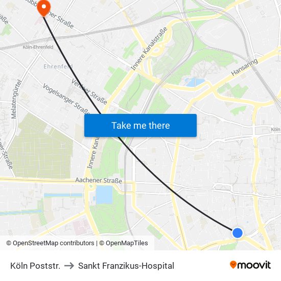 Köln Poststr. to Sankt Franzikus-Hospital map