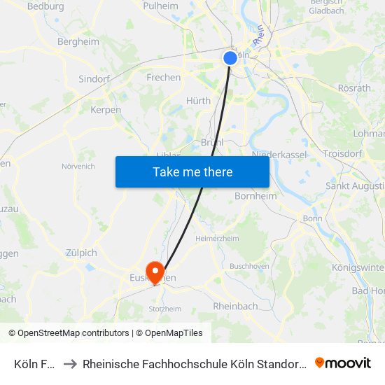 Köln Friesenplatz to Rheinische Fachhochschule Köln Standort Euskirchen Studiengang Wirtschaftsinformatik map