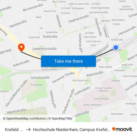 Krefeld Hbf to Hochschule Niederrhein, Campus Krefeld-West map