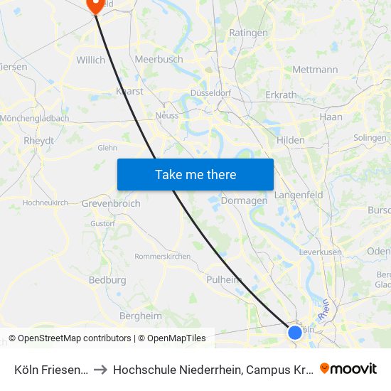 Köln Friesenplatz to Hochschule Niederrhein, Campus Krefeld-West map