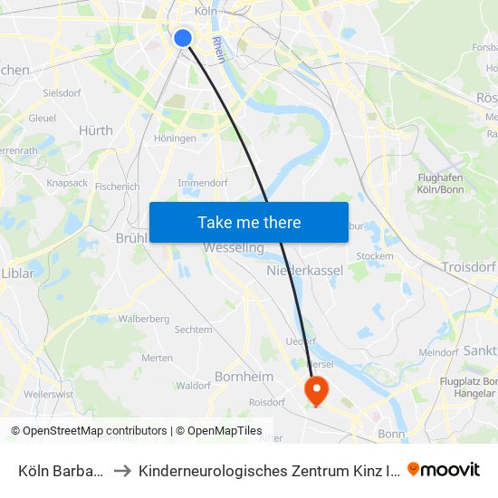 Köln Barbarossaplatz to Kinderneurologisches Zentrum Kinz Im Gustav-Heinemann-Haus map