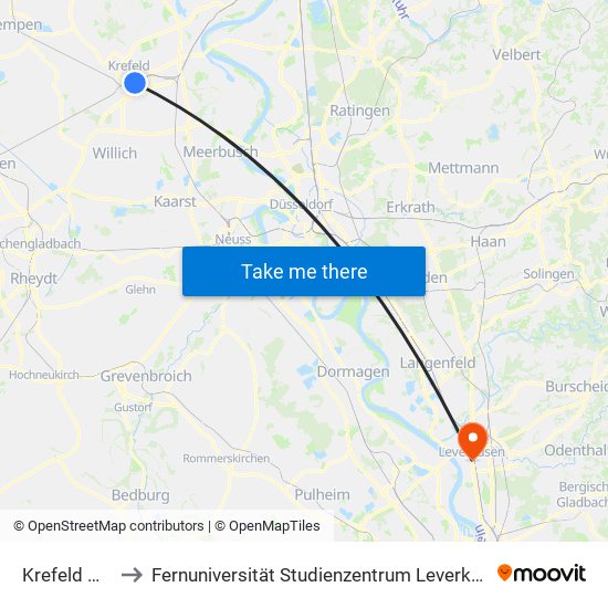 Krefeld Hbf to Fernuniversität Studienzentrum Leverkusen map