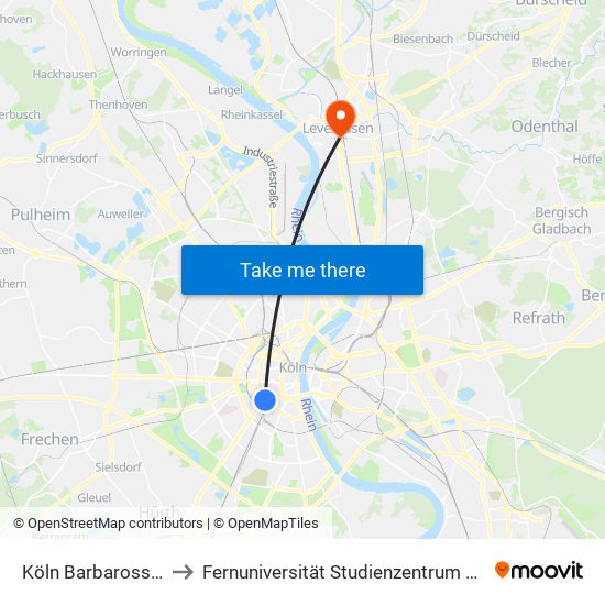 Köln Barbarossaplatz to Fernuniversität Studienzentrum Leverkusen map