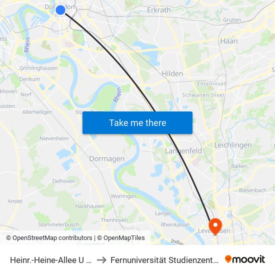 Heinr.-Heine-Allee U - Düsseldorf to Fernuniversität Studienzentrum Leverkusen map